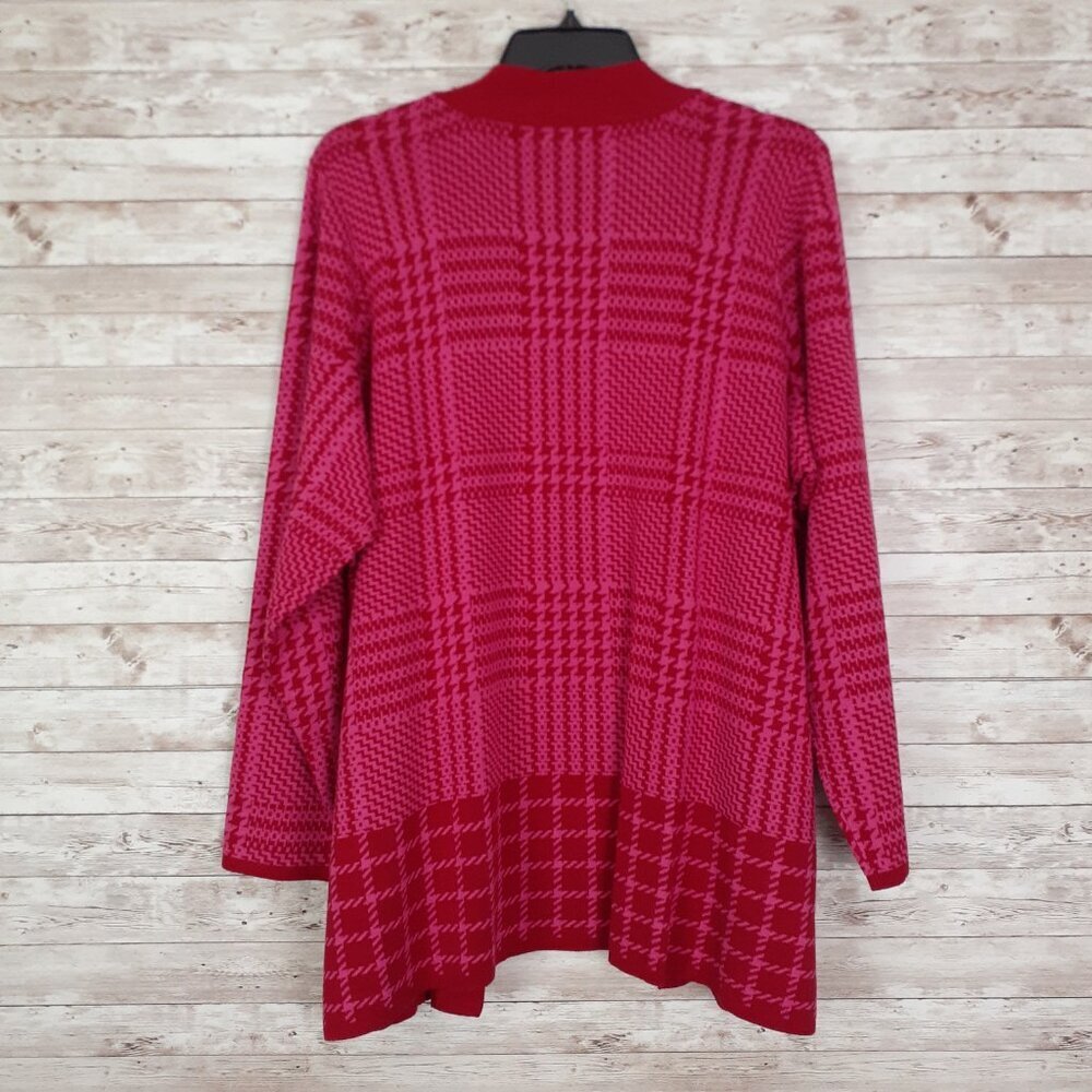 Isaac Mizrahi Live Womens Sweater Cardigan 2X Plaid Jacquard Red Pink NWOT 735A - Picture 3 of 6